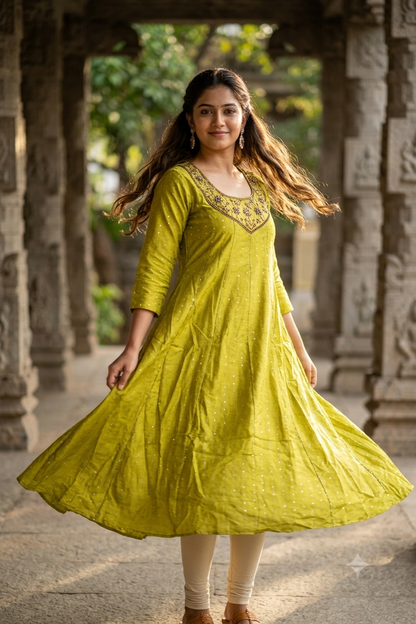 Olive Lime Green Gold Embroidered Yoke Micro-Booti A-Line Kurti (IB0495)