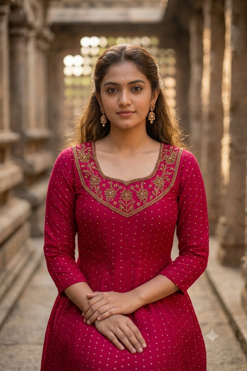 Magenta Pink Gold Embroidered Yoke Micro-Booti A-Line Kurti (IB0496)