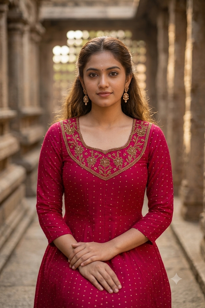 Magenta Pink Gold Embroidered Yoke Micro-Booti A-Line Kurti (IB0496)