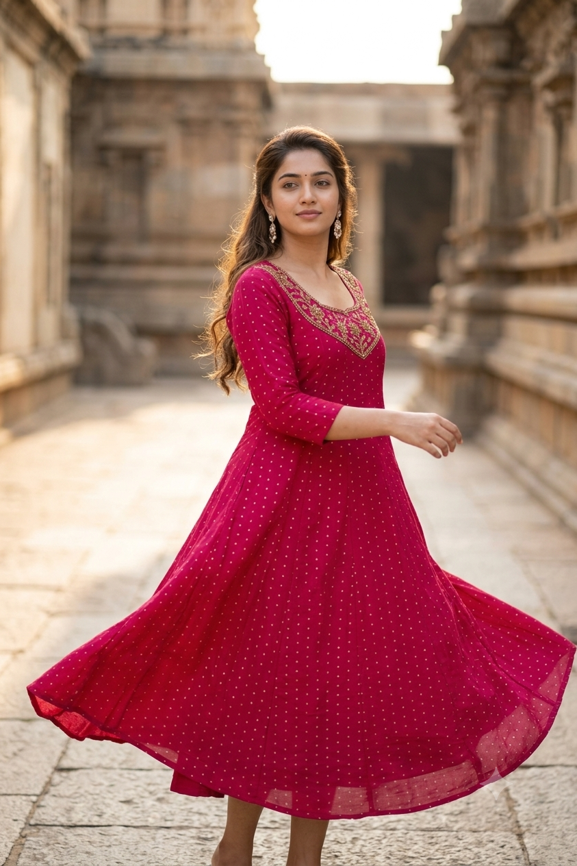 Magenta Pink Gold Embroidered Yoke Micro-Booti A-Line Kurti (IB0496)