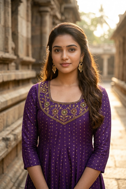 Royal Purple A-Line Silk Cotton Kurti with Zari Embroidered Yoke (IB0497)