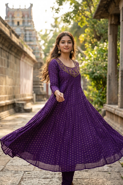 Royal Purple A-Line Silk Cotton Kurti with Zari Embroidered Yoke (IB0497)