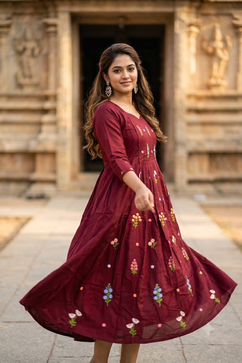 Wine Maroon Embroidered Pintuck A-Line Kurti (IB0498)
