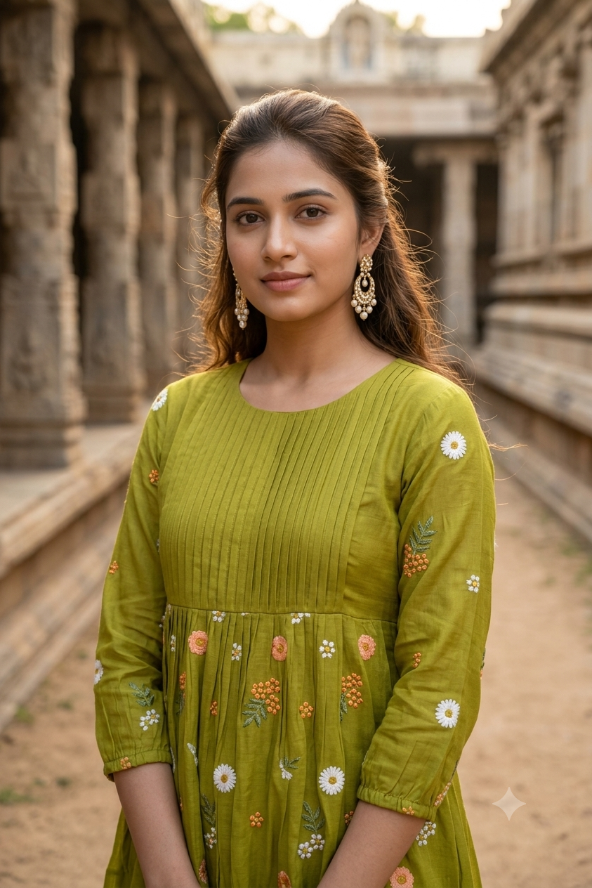 Olive Green Floral Thread Embroidered Pintuck A-Line Kurti (IB0499)