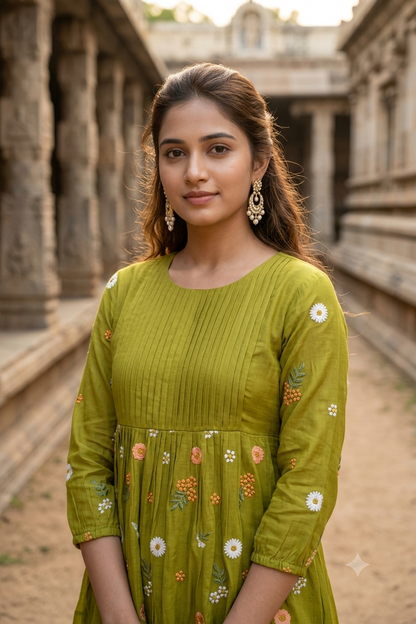 Olive Green Floral Thread Embroidered Pintuck A-Line Kurti (IB0499)