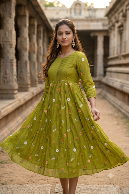 Olive Green Floral Thread Embroidered Pintuck A-Line Kurti (IB0499)