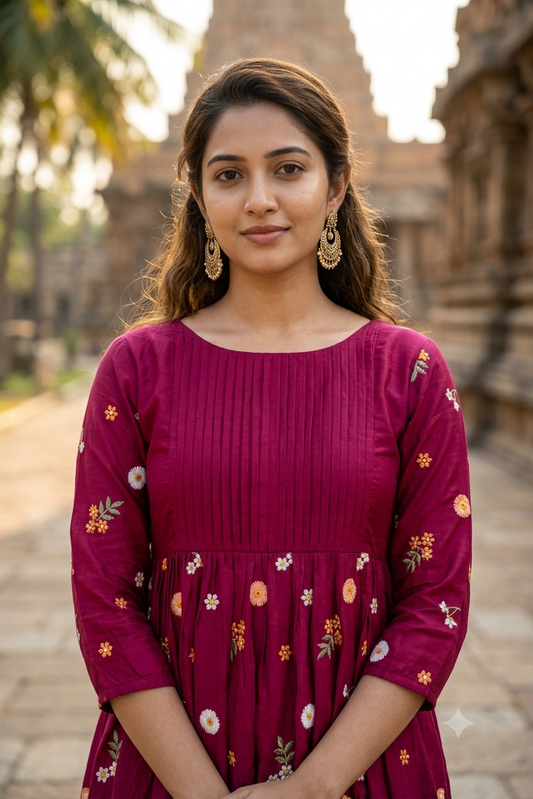 Magenta Pink Floral Thread Embroidered Pintuck A-Line Kurti (IB0500)
