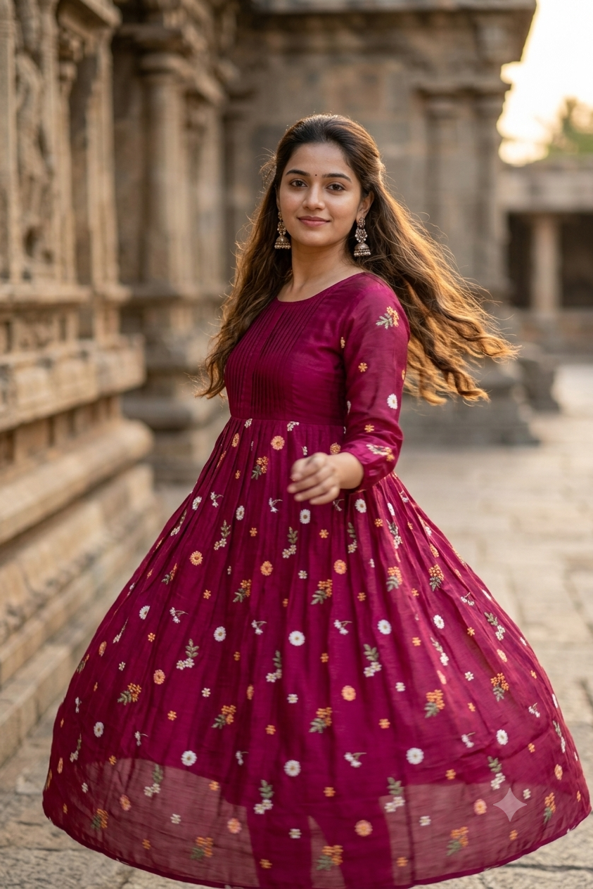 Magenta Pink Floral Thread Embroidered Pintuck A-Line Kurti (IB0500)