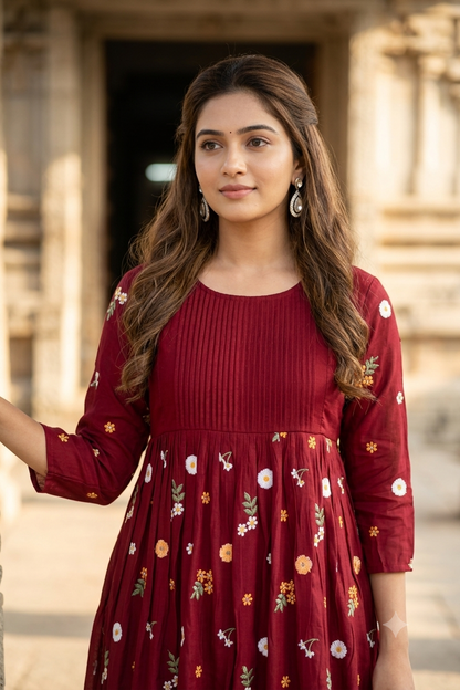 Maroon Red Floral Thread Embroidered Pintuck A-Line Kurti (IB0501)