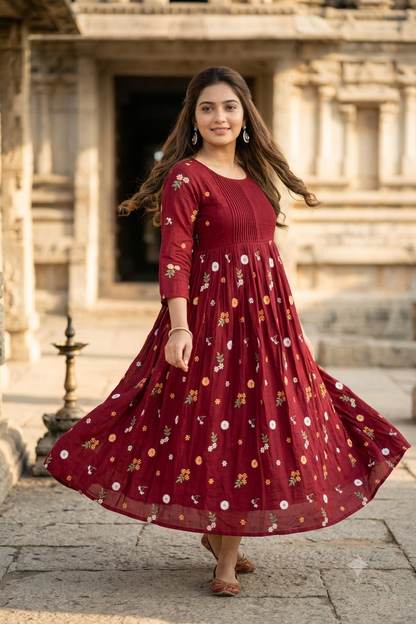 Maroon Red Floral Thread Embroidered Pintuck A-Line Kurti (IB0501)