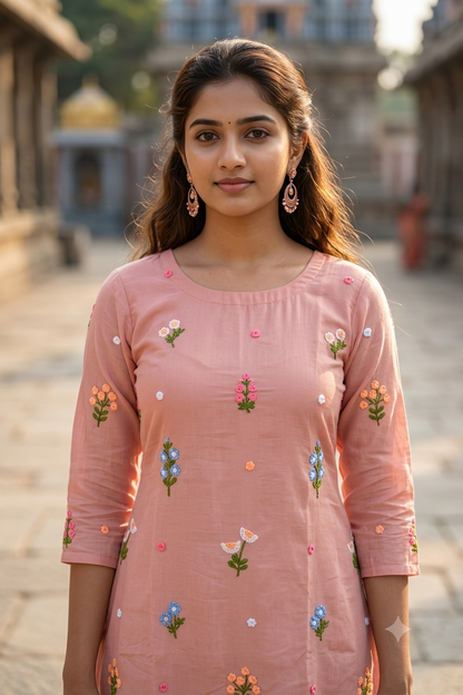Peach Floral Thread Embroidered Cotton A-Line Kurti (IB0502)