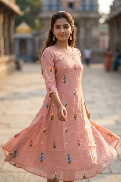 Peach Floral Thread Embroidered Cotton A-Line Kurti (IB0502)