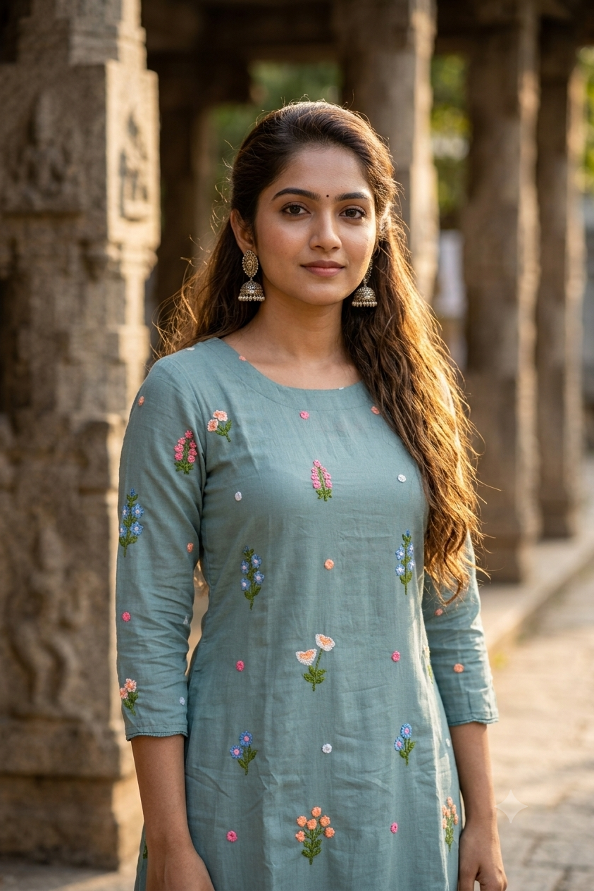 Powder Blue Floral Thread Embroidery A-Line Kurti (IB0503)