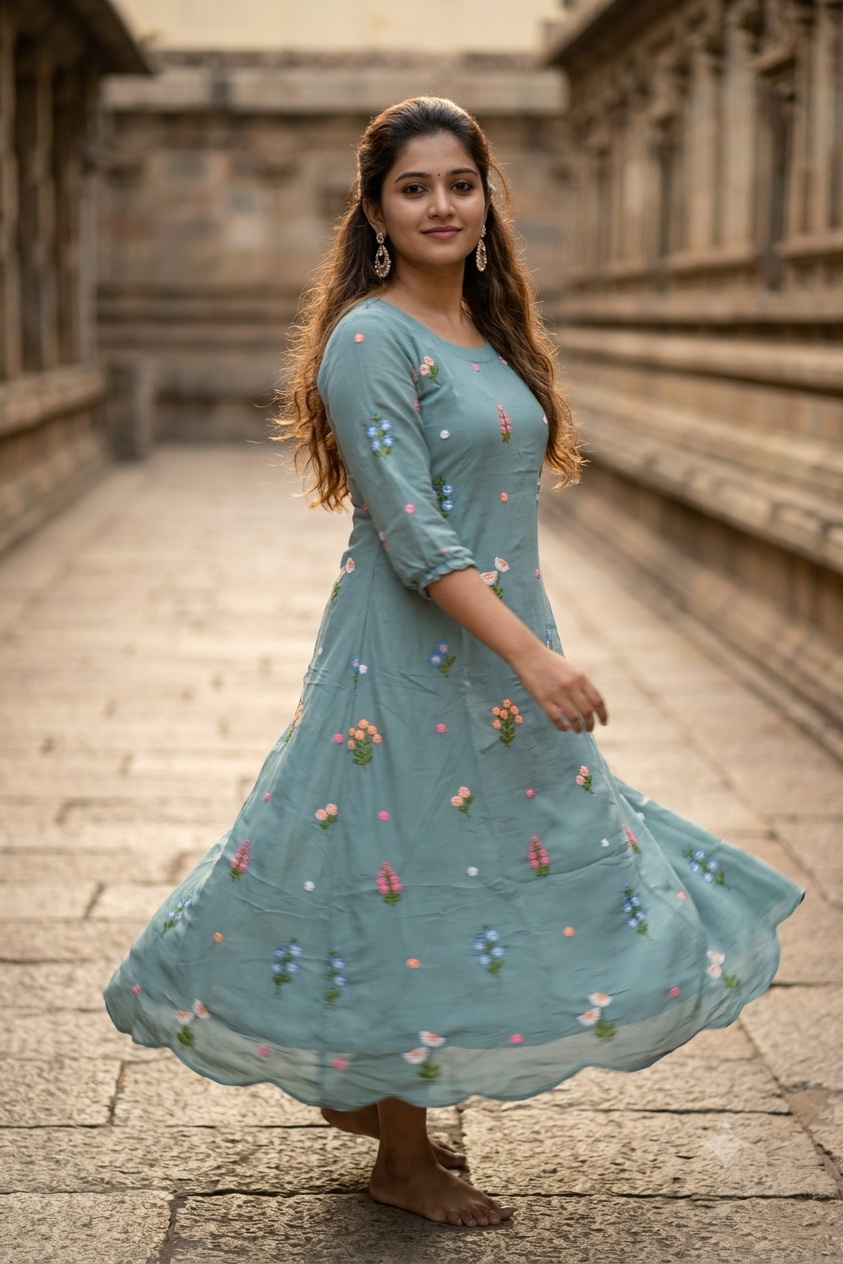 Powder Blue Floral Thread Embroidery A-Line Kurti (IB0503)