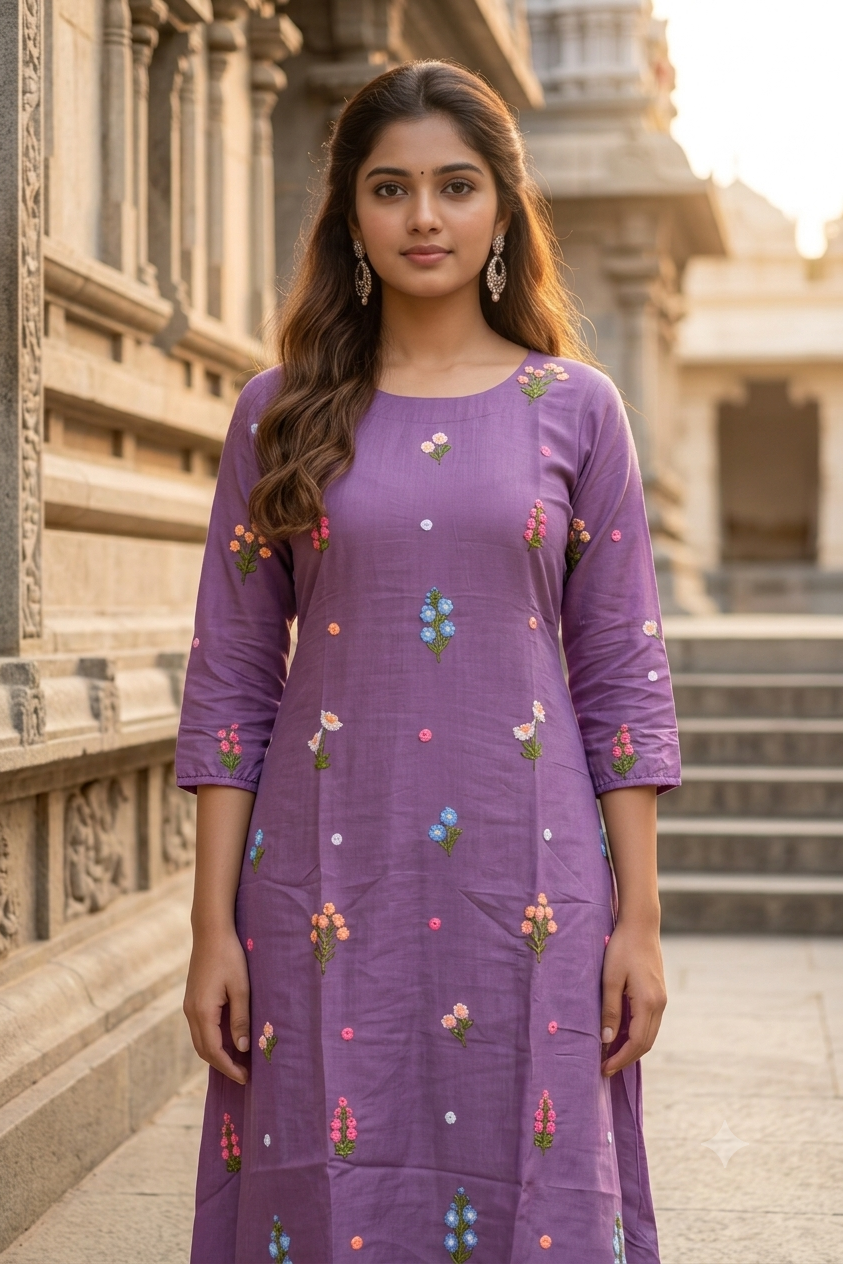 Mauve Lavender Hand-Embroidered Floral Motif Flared A-Line Kurti (IB0504)
