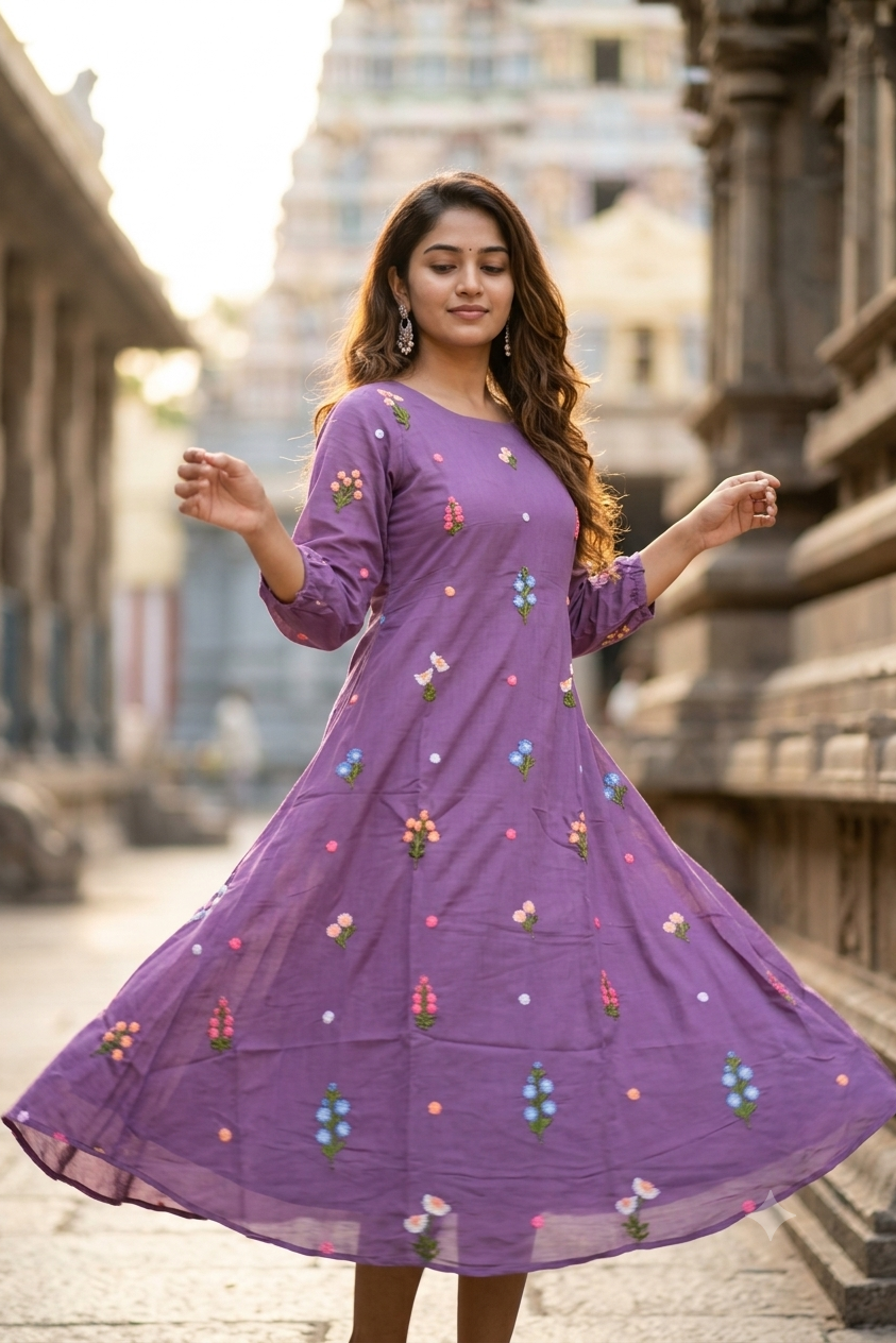 Mauve Lavender Hand-Embroidered Floral Motif Flared A-Line Kurti (IB0504)