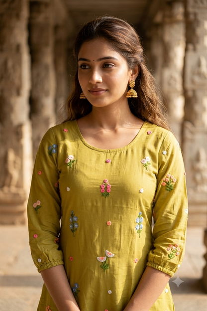 Olive Green Hand-Embroidered Floral Motif Flared A-Line Kurti (IB0505)