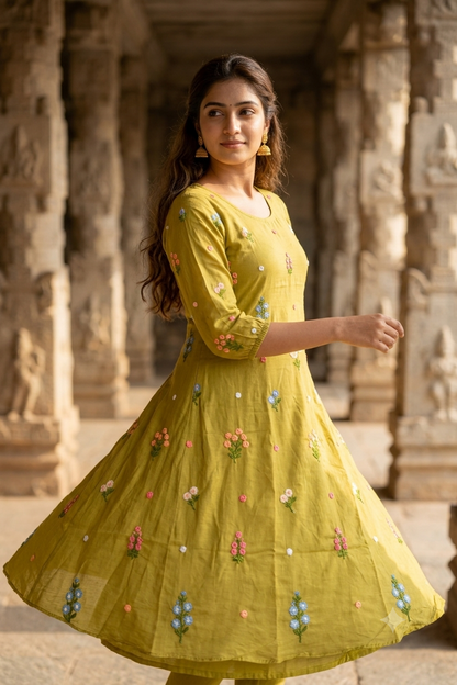 Olive Green Hand-Embroidered Floral Motif Flared A-Line Kurti (IB0505)