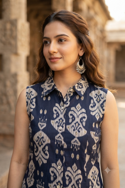 Indigo Printed Cotton Sleeveless Front-Button A-Line Kurti (IB0531)
