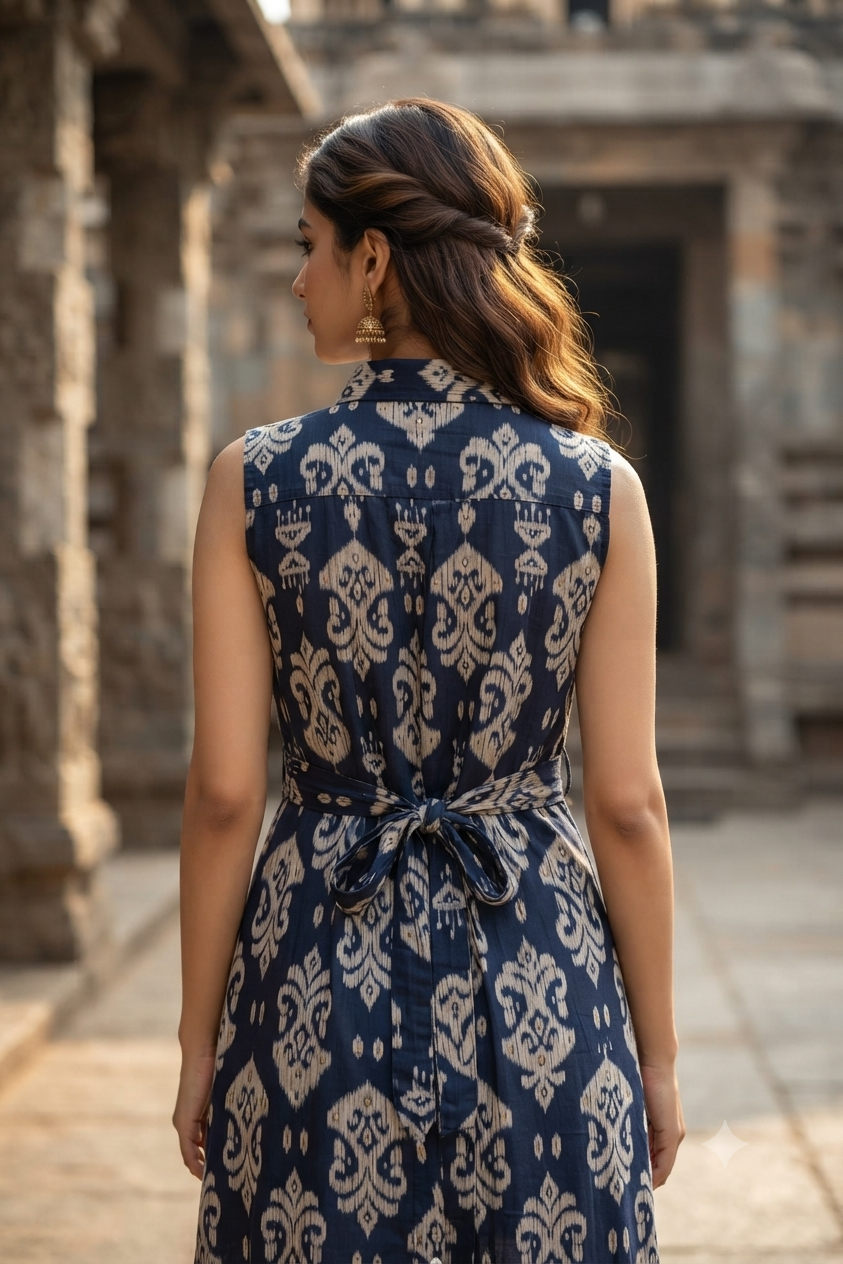 Indigo Printed Cotton Sleeveless Front-Button A-Line Kurti (IB0531)