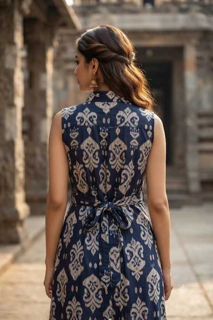 Indigo Printed Cotton Sleeveless Front-Button A-Line Kurti (IB0531)