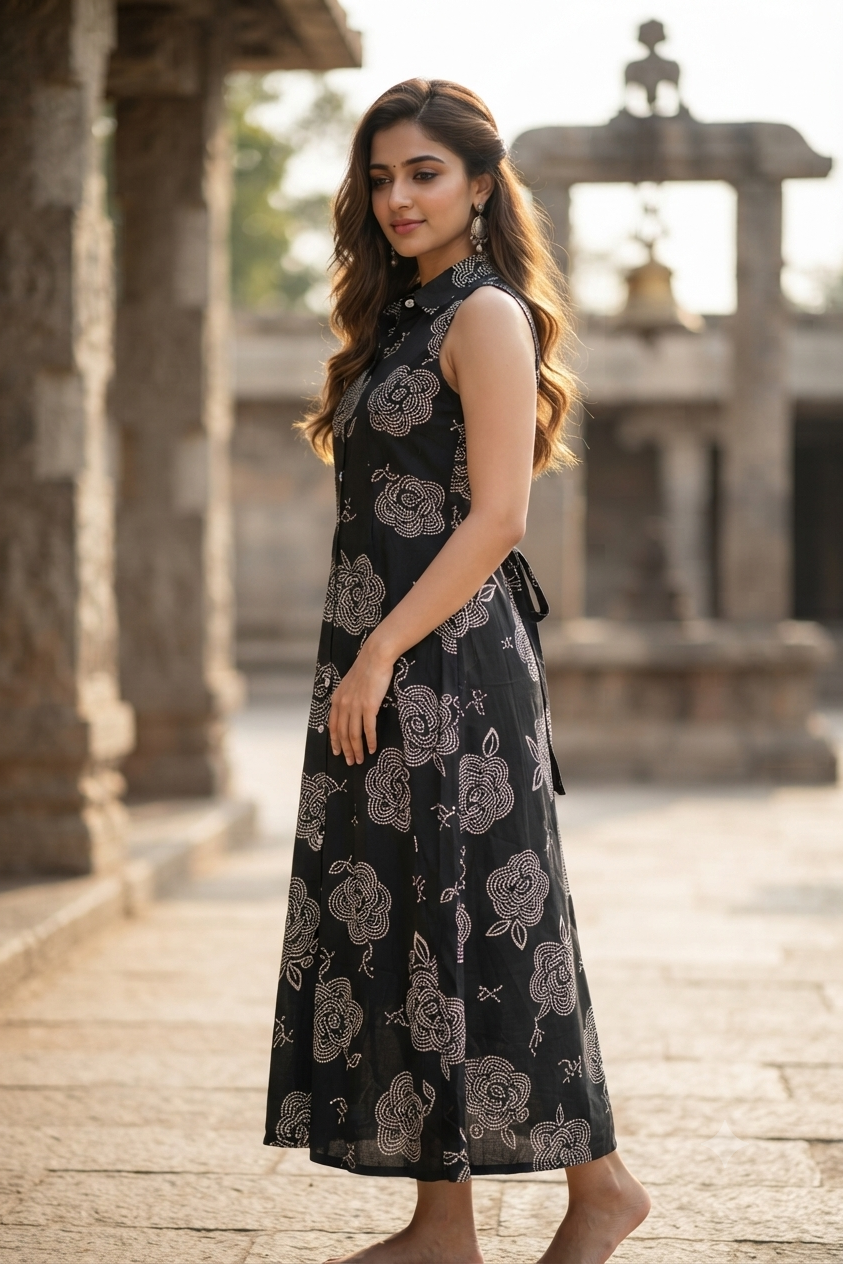 Black Floral Print Sleeveless A-Line Shirt Kurti (IB0535)