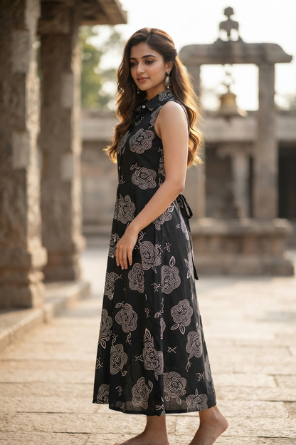 Black Floral Print Sleeveless A-Line Shirt Kurti (IB0535)
