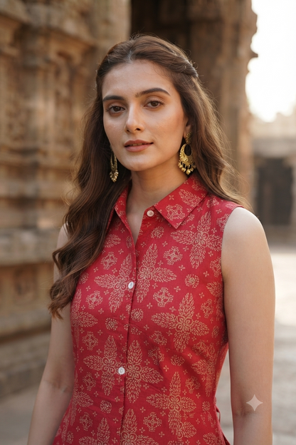 Crimson Red Block Print Sleeveless A-Line Shirt Kurti (IB0532)