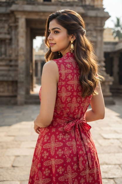 Crimson Red Block Print Sleeveless A-Line Shirt Kurti (IB0532)