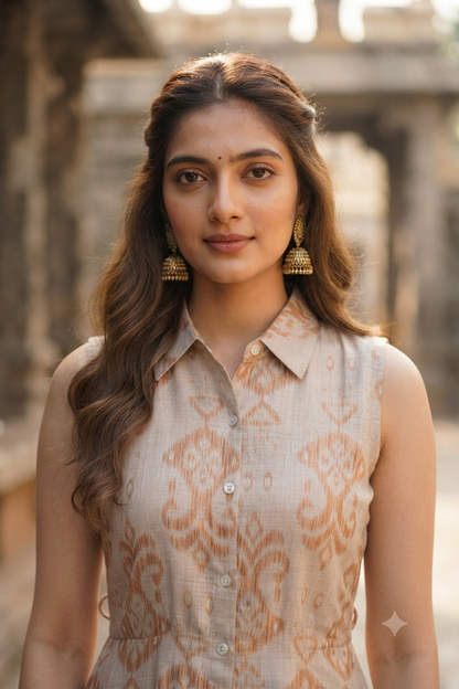 Beige & Ochre Ikat Print Sleeveless A-Line Shirt Kurti (IB0533)