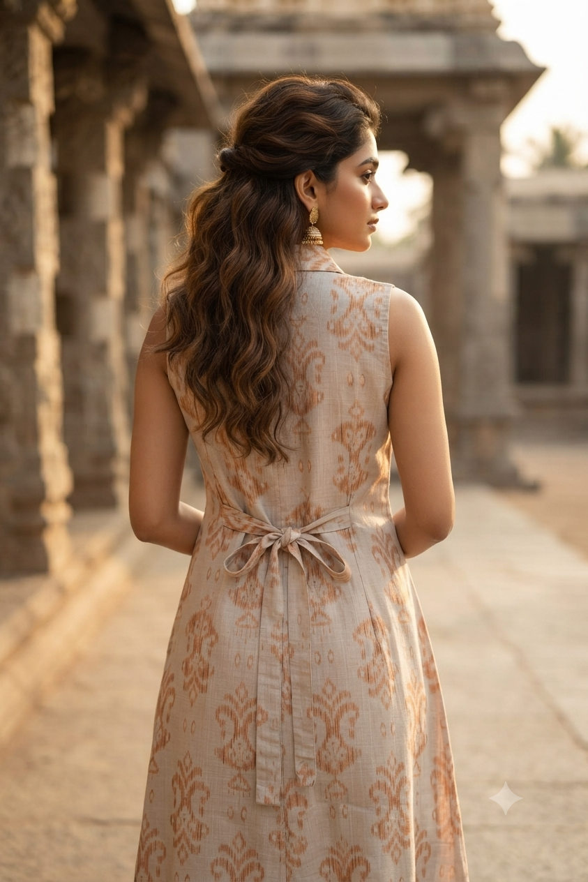 Beige & Ochre Ikat Print Sleeveless A-Line Shirt Kurti (IB0533)