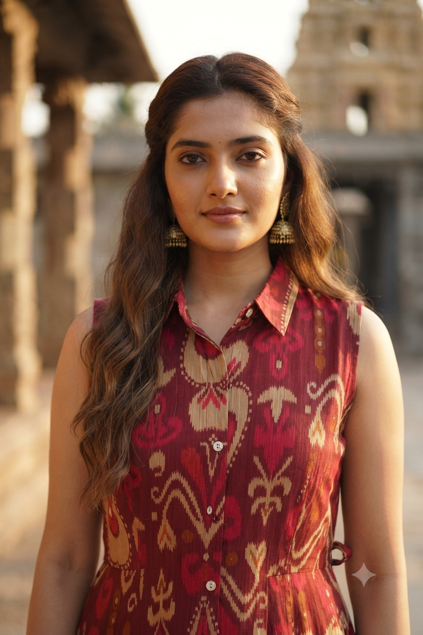 Maroon Ikat Print Sleeveless A-Line Shirt Kurti (IB0534)