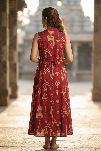 Maroon Ikat Print Sleeveless A-Line Shirt Kurti (IB0534)
