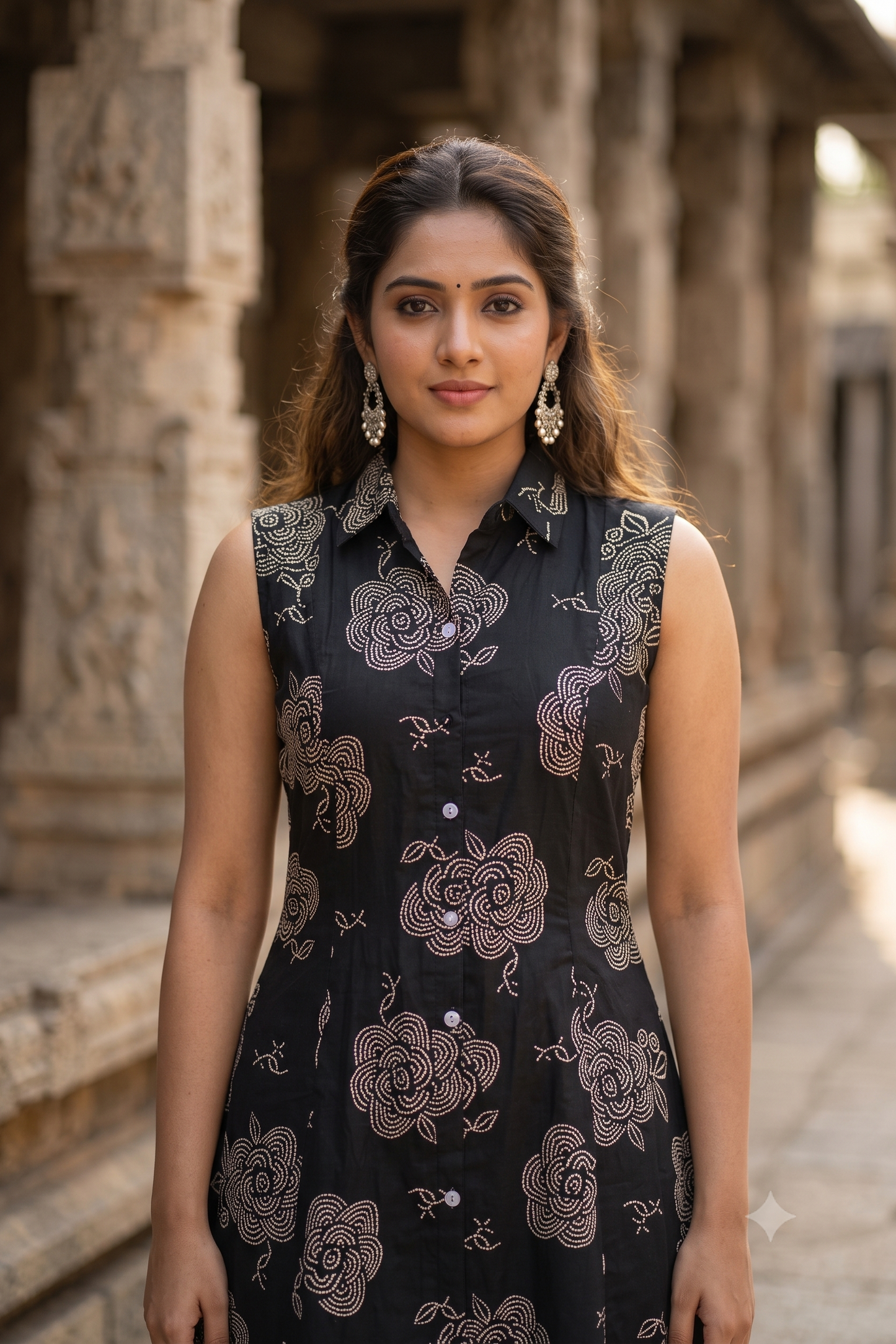 Black Floral Print Sleeveless A-Line Shirt Kurti (IB0535)
