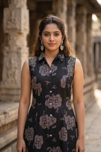 Black Floral Print Sleeveless A-Line Shirt Kurti (IB0535)