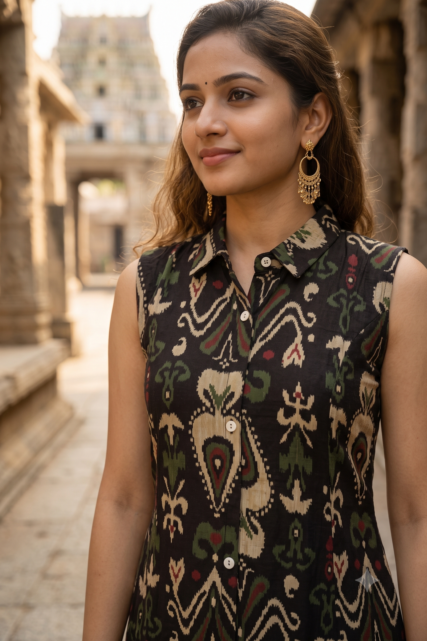 Black Multicolored Ikat Print Sleeveless A-Line Shirt Kurti (IB0536)