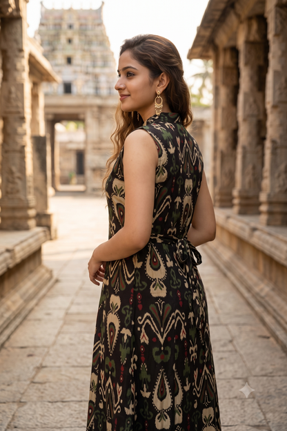Black Multicolored Ikat Print Sleeveless A-Line Shirt Kurti (IB0536)