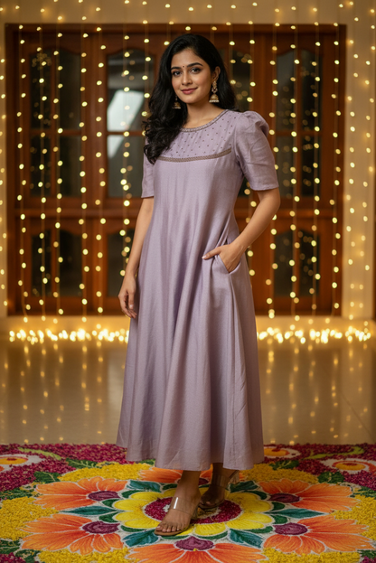Lilac A-Line Kurti with Puff Sleeves (IB079)