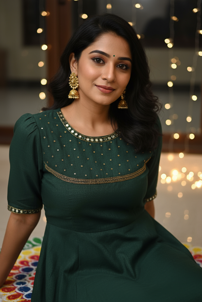 Emerald Green Anarkali-Style Kurta with Puff Sleeves (IB082)