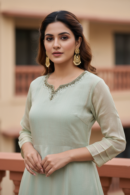 Mint Green Shimmer A-Line Kurti (IB092)