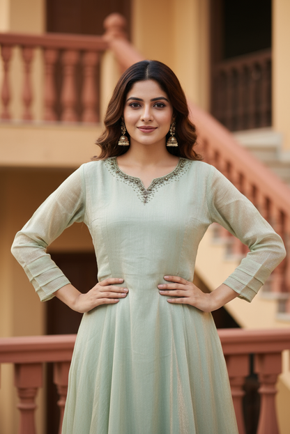 Mint Green Shimmer A-Line Kurti (IB092)