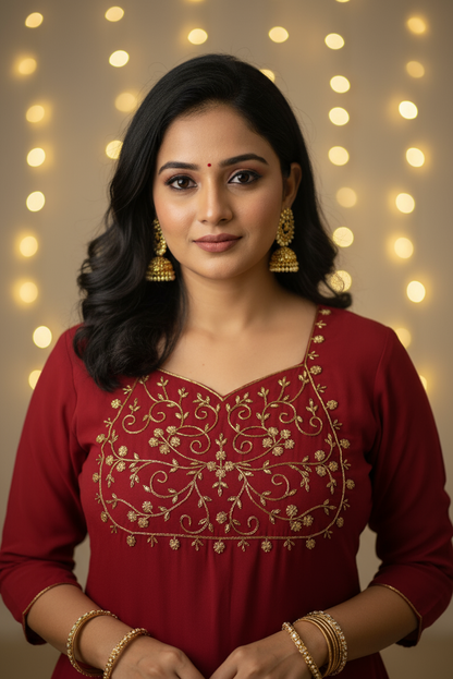 Maroon Gold Embroidered A-Line Kurti (IB088)
