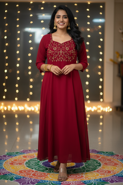 Maroon Gold Embroidered A-Line Kurti (IB088)