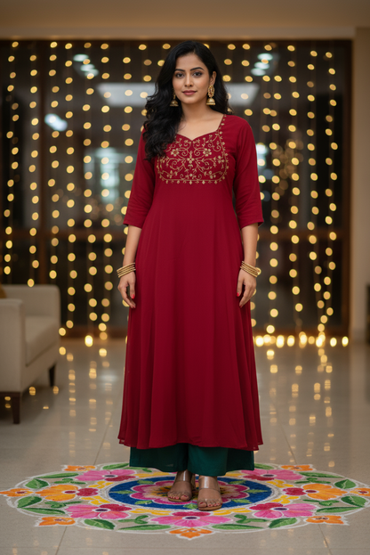 Maroon Gold Embroidered A-Line Kurti (IB088)