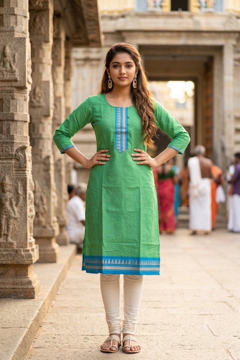Traditional Green Chettinadu cotton Kurti with Zari Temple Border (IB0476)