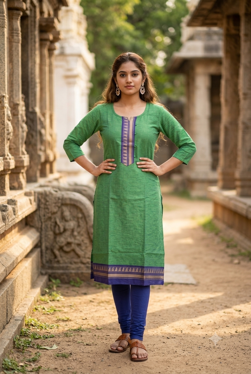 Traditional Green & Deep Blue Chettinad Cotton Straight Kurti (IB0477)