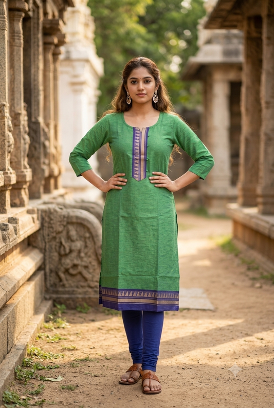 Traditional Green & Deep Blue Chettinad Cotton Straight Kurti (IB0477)
