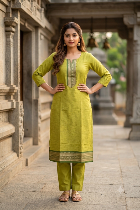 Olive Green Woven Border  chettinadu Cotton Kurti (IB0479)