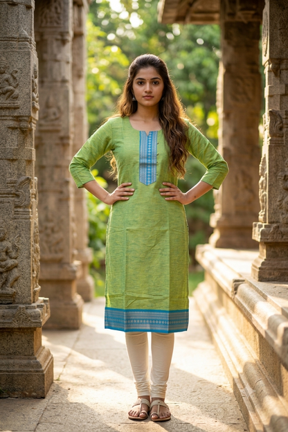 Classic Straight Lime Green Chettinad Cotton Kurti (IB0480)