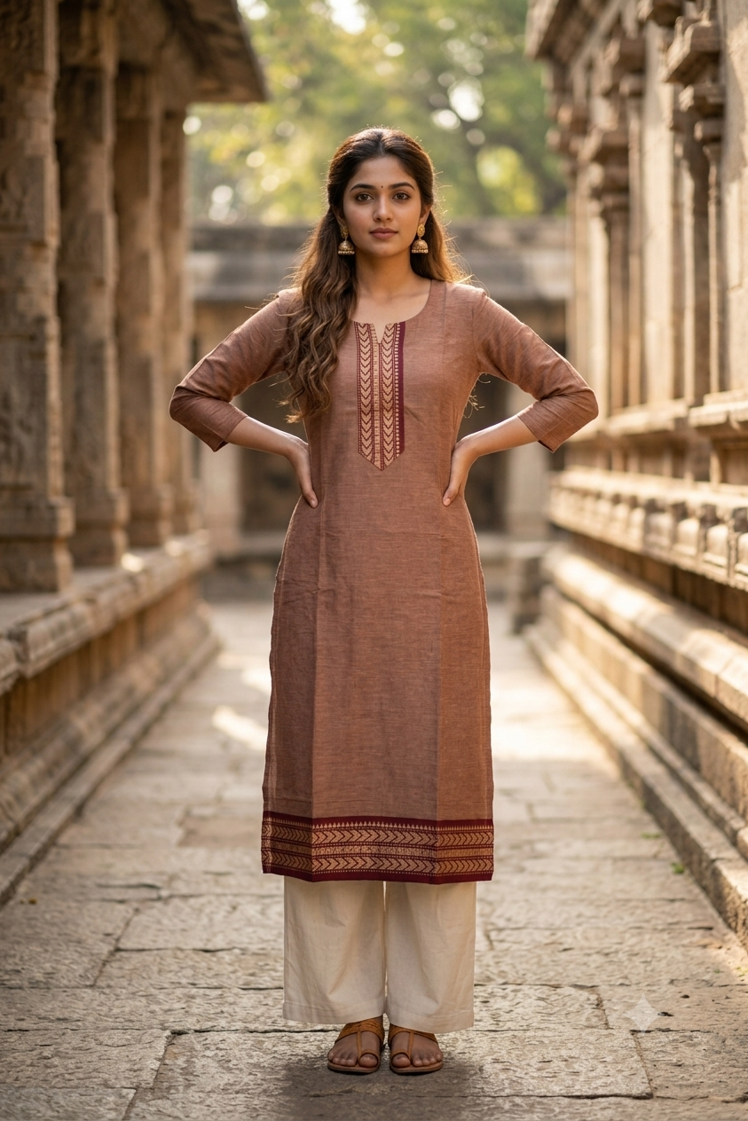 Classic Straight Fawn Brown Chettinad Cotton Kurti (IB0481)